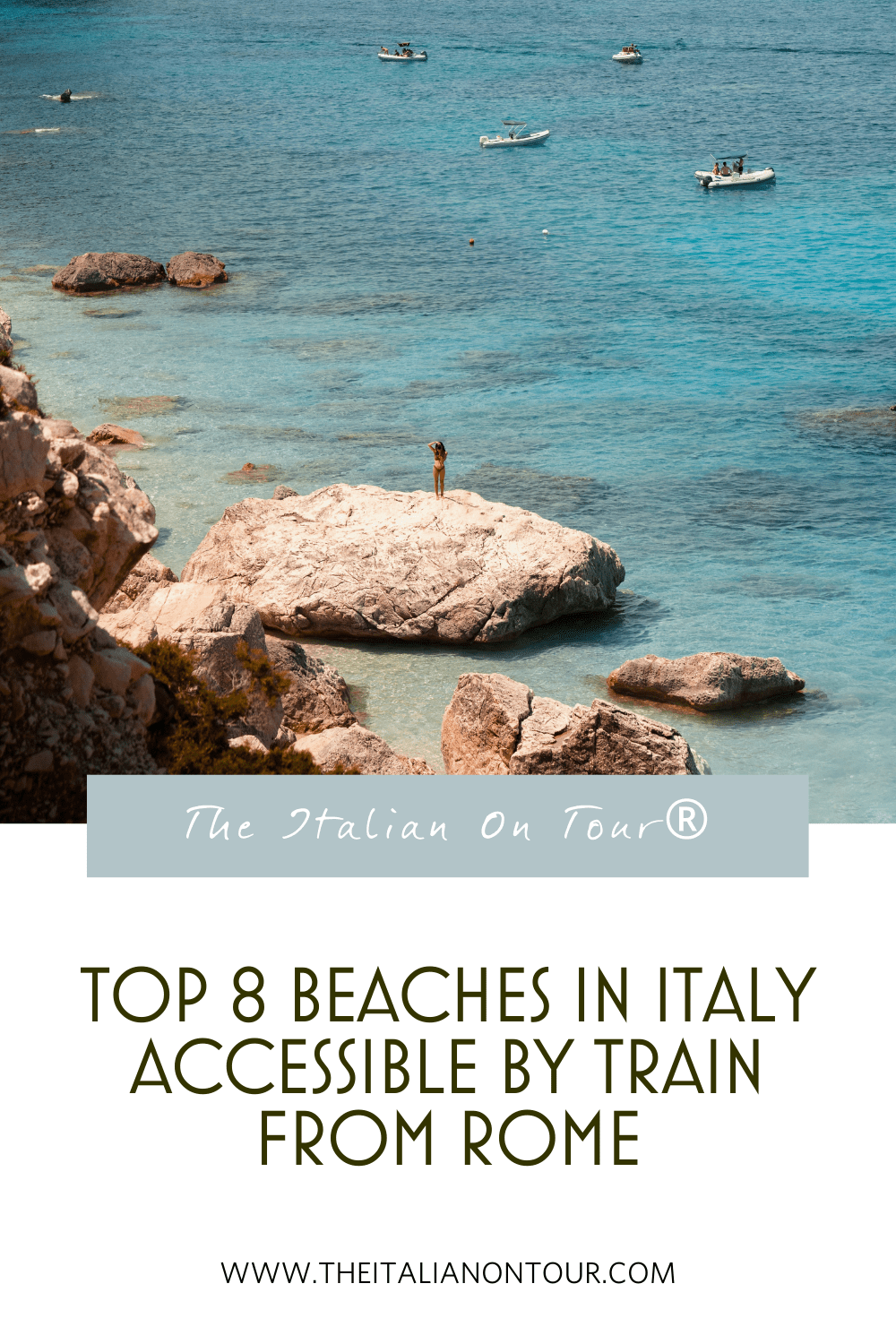 Pinterest Pin of a woman standing on a rock in the ocean | The Italian On Tour