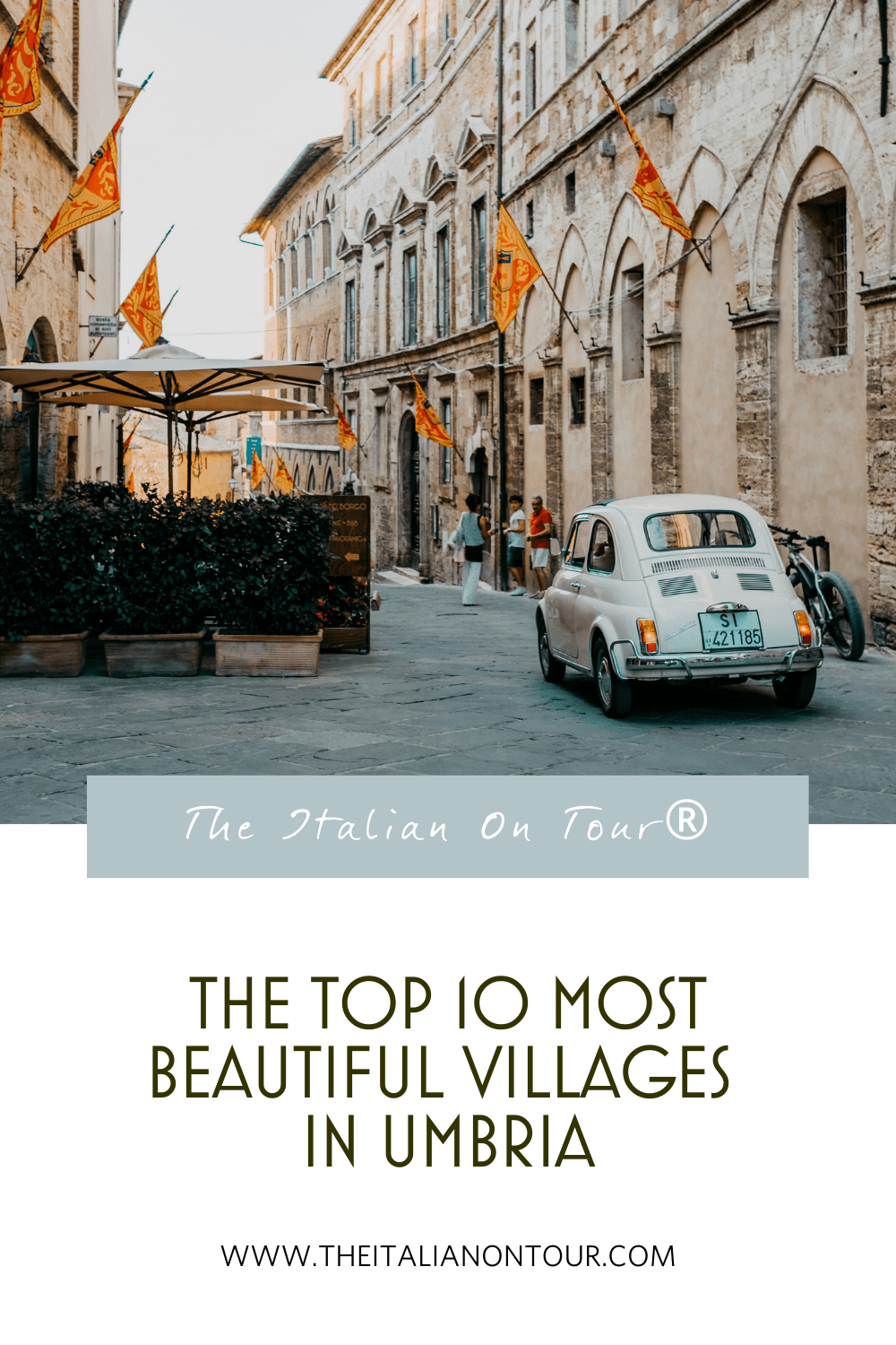 Pinterest Pin of Car driving down a street in Umbria