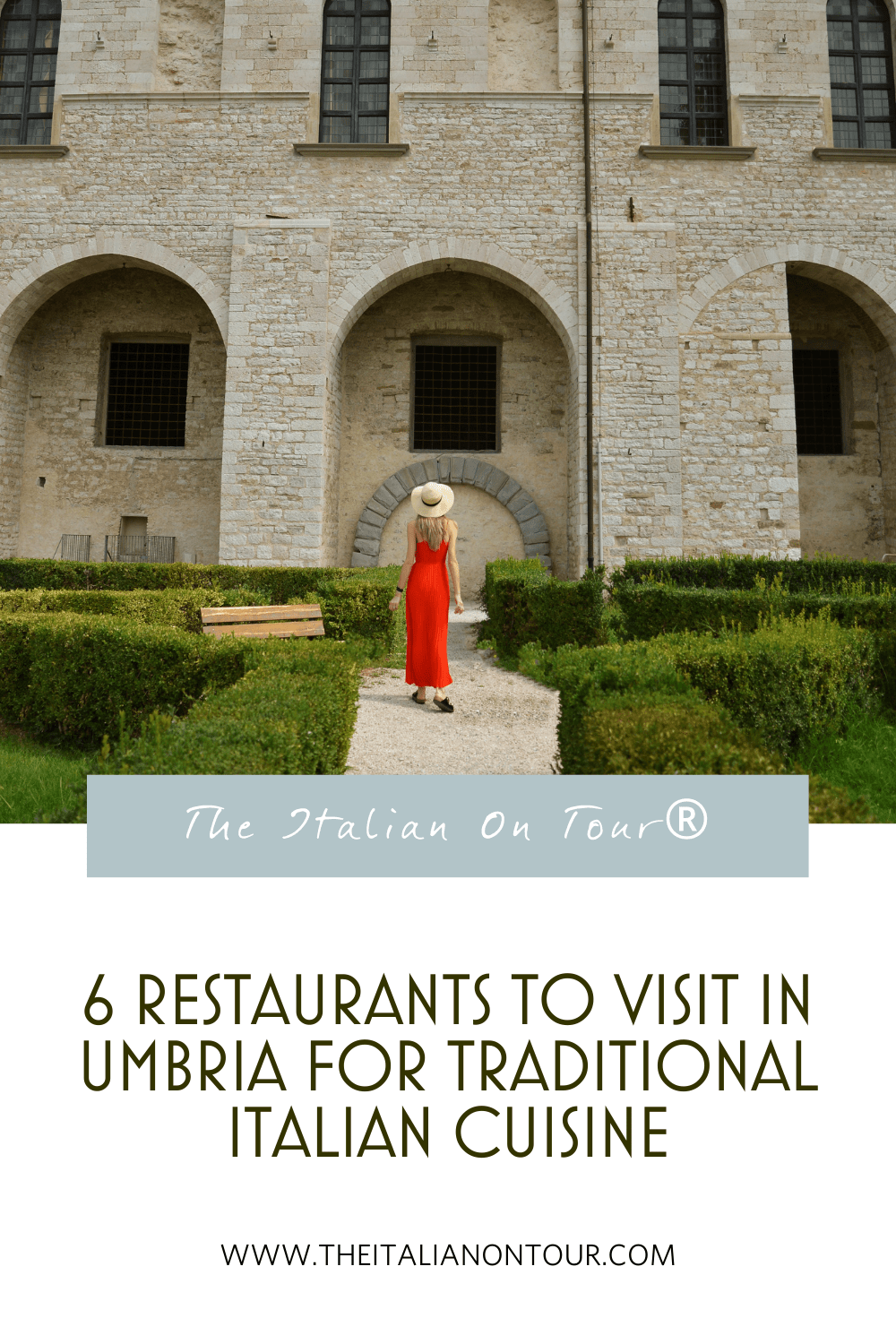 Pinterest Pin of a woman in a Red Dress in Umbria