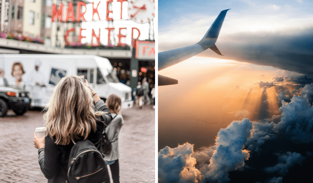 Woman taking a photo and a place wing overlooking clouds in the sky | The Italian On Tour